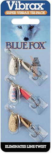 Blue Fox Super Vibrax Tri Pack Inline Spinner Lures Assorted Colors for Trout Bass Walleye and Salmon Blade Size 0 1 Gold 1 Silver 1 Rainbow Trout