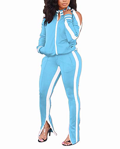 Akk Womens 2 Piece Tracksuit Long Sleeve Jacket Bodycon Sweatpants Set Sports Outfit Casual Jogging Suit Light Blue, Size XXL