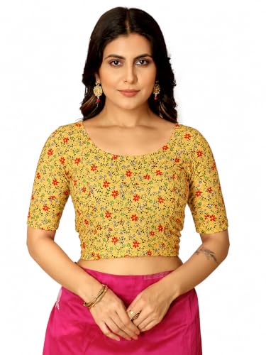 Image of Amazon Brand - Anarva Round Neck Dobby Cotton Lycra Stretchable Elbow Half Sleeve Readymade Saree Blouse for Women Stylish