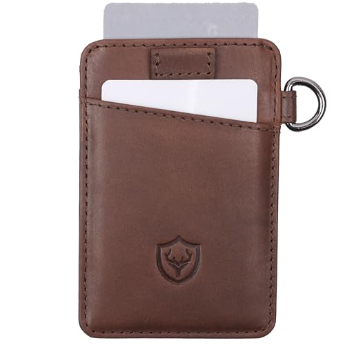 URBAN CREW Slim Leather Card Holder for Men – RFID Blocking Minimalist Front Pocket Wallet with Key Ring | Compact Anti-Theft Credit Card Case for Travel & Daily Use (Brown)