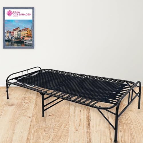Image of Casa Copenhagen, Portable Single Folding Bed Heavy Duty Metal Cot Khat for Sleeping Bed Space Saving Design Sturdy Synthetic Niwar feet - Jet Black & Black