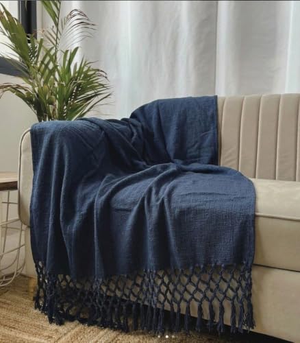 Image of HAKAM Cotton Throw Blanket with Macrame Tassels for 3 Seater Sofa | Ideal for Your Home, Living Room, Sofa, Bed, Chair, Picnic & Used for Gift - 50X70 inch (Navy Blue, 128x178 cm)
