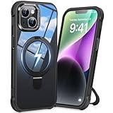 PuyaTeya Magnetic Stand Case for iPhone 13/14 with Military-Grade Protection, Airbag Corners, Textured Grip & Clear Back for Hands-Free Video Calls, Cooking and Workouts(Clear Black)