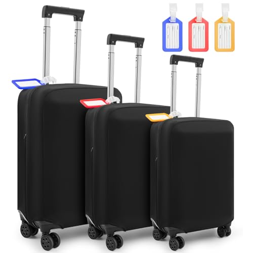 Paterr 3 Pieces Luggage Cover Travel Suitcase Protector Anti Scratch with 3 Pcs Plastic Luggage Tags 20/24/ 28 Inch Suitcase Cover Protector Washable Fits 18 to 28 Inch 3 Sizes, black