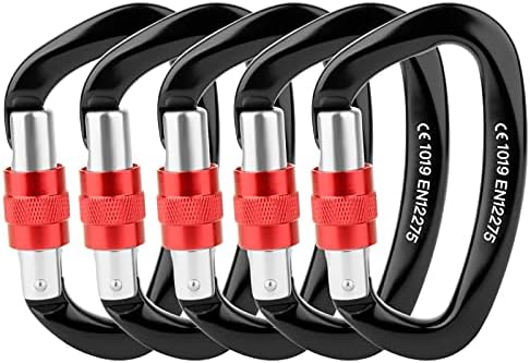 Locking Carabiner - 25kN 5600lb Climbing Carabiner Screw Gate D Shape Carabiner Black (Pack of 3)