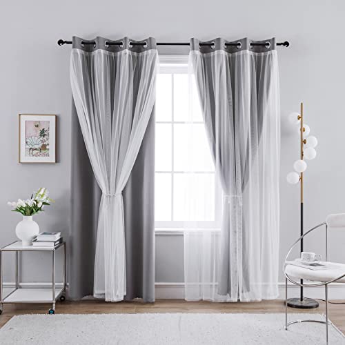 Anytime Home Curtains Blackout And Sheer Layered Solid Window Curtain Panel Pair With Grommet Top, 52Wx63L,Grey #TOP3