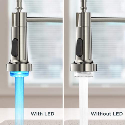 Image of FORIOUS LED Kitchen Faucet with Pull Down Sprayer, Brushed Nickel Modern Single Handle Stainless Steel Commercial Spring Sink Faucet with LED Light for Pot Filler, Farmhouse Camper Bar Laundry Room
