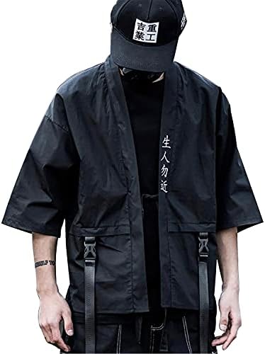 Niepce Inc 3/4 Sleeve Samurai Kimono Cardigan for Men, Black, Medium
