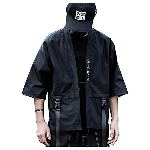 Niepce Inc Japanese Streetwear Open Front 3/4 Sleeve Samurai Kimono Cardigan for Men (Black, Medium)