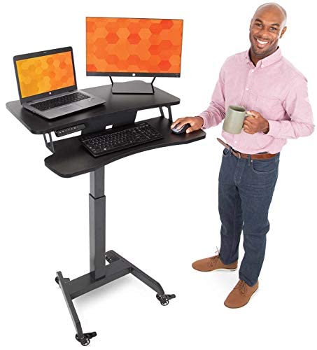 Stand Steady Cruizer Premier Electric Mobile Podium with Keyboard Tray | Height Adjustable Stand Up Workstation with Locking Wheels | Go from Sitting to Standing with Programmable Control Pad (Black)