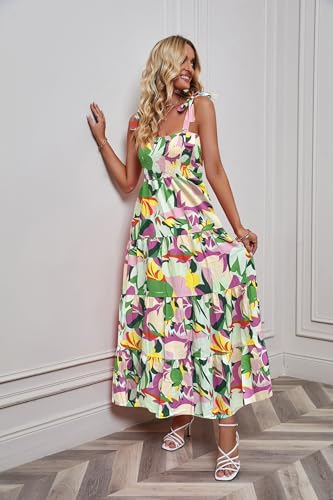 Image of kinstell Women's Summer Boho Spaghetti Strap Square Neck Ruffle Casual Flowy Long Dress Beach Swing Party Maxi Dress