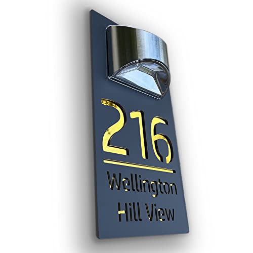 House Numbers Plaques With Solar Light House Numbers Door Signs House Signs For Wall Name For Outside 3D Laser Cut Grey and Mirrored Gold