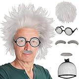 IMEYLE 6 Pcs Set Old Man Wig Adult +Eyebrows+Beard+Glasses Mad Crazy Scientist Wigs Short Messy White Crazy Grandpa Cosplay Outfit 100 Days of School Wigs for Halloween Costume Party+Wig Cap