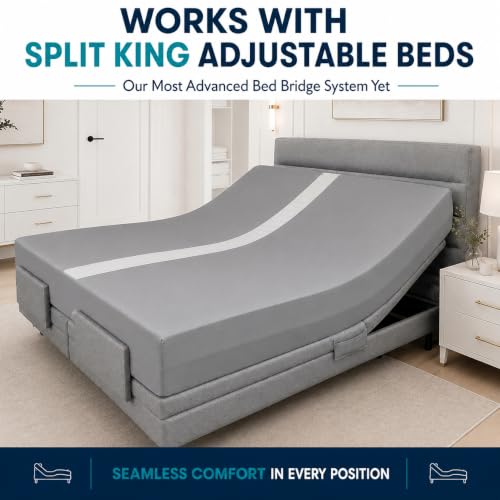 Image of 3-in-1 Split King Gap Filler with Built-in Fitted Sheet, Twin to King Converter, Bed Bridge with Washable Cover, One Size Fits to Twin & Twin XL to King, Gray, Sheet Strap Set Bonus