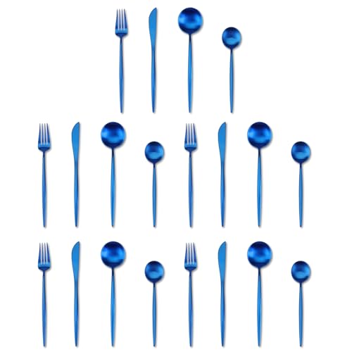 Image of aDai Sapphire Blue Silverware Set | Satin Finish 20-Piece Stainless Steel Flatware Set | Dishwasher Safe Cutlery for Home, Restaurant & Gifting
