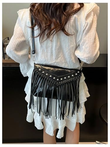 MakeMeChic Women's Faux Leather Crossbody Bags Flap Fringe Rivet Y2K Clutch Handbag4