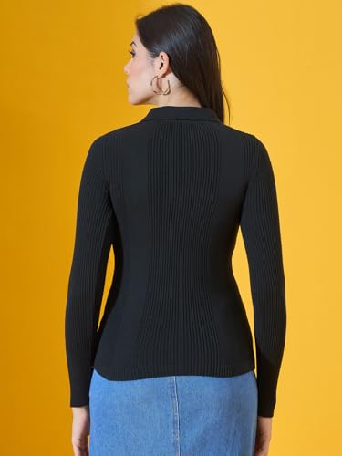 Image of 98 Degree North Women Spread Collar Sweater-G1577-BLACK