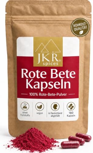 JKR Spices Rote Bete Kapseln 180 Stück – 720mg reines Pulver je Kapsel | Rohkostqualität – vegane Kapseln ohne Füllstoffe, zugesetzte Aromen oder Farbstoffe. In Deutschland abgefül