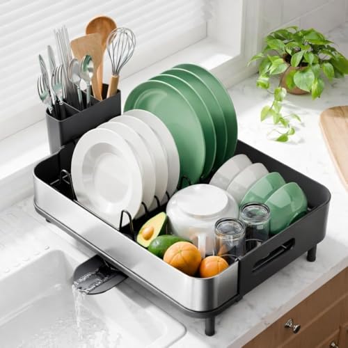 Image of Favria Dish Drying Rack - Space-Saving Dish Rack for Kitchen Counter, Anti Rust Kitchen Drying Rack, Compact Dish Drainer Organizer with Utensils Holder (47 x 32 x 16 cm) (Stainless Steel Black)