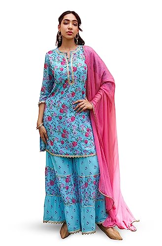 Image of Janasya Women's Sky Blue Georgette Digital Floral Printed Short Kurta with Sharara and Dupatta