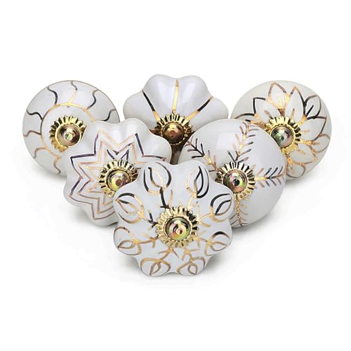Image of Ceramic Vintage Assorted Colourful Pottery Drawer Handle Door Knobs and Pulls for Kitchen (White Gold knobs Pack of 6)