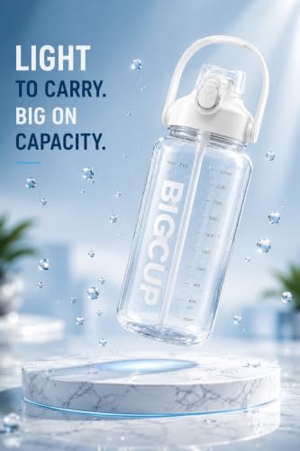 Image of Plastic Big Water Bottle 2.6 Liter with Straw Clear Motivational Time Marker Drink XL Jug with Handle for Sports Gym-(WHITE)