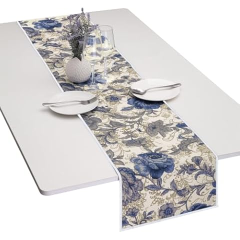 mookaitedecor Cotton Blue Flower Table Runner Cover