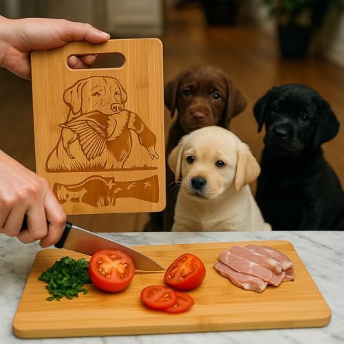 Tabla de cortar de bambú con escena de caza: Labrador Retriever sosteniendo un pato, bloque para picar en la cocina, regalo miniatura 6