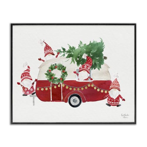 Stupell Industries Holiday Garden Gnomes Seasonal Holly Wreath Tree, Design by Heatherlee Chan, Black Framed, 30 x 24