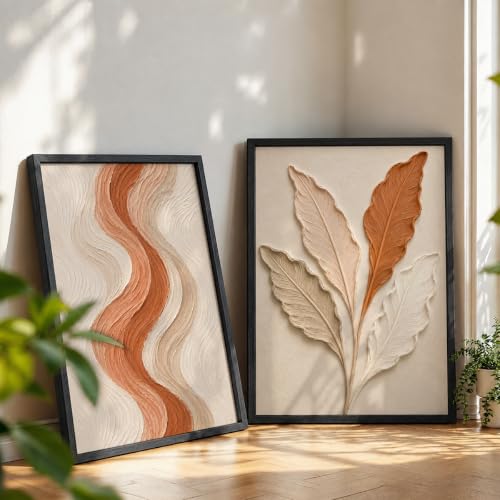 Image of NoWorries Textured Leaf Wall Painting Set of 2 with Frame | Terracotta Beige Abstract Line & Botanical Leaf Artwork, Modern Neutral Nature Wall Decor for Living Room, Bedroom, Office and Home Decoration (Art-12, 21x31inch)