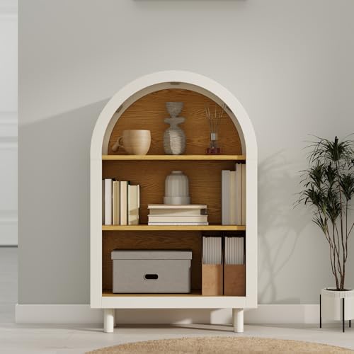 QueZeiah 3-Tier Arched Bookcase,Modern Low Short Bookshelf,Small Wood Open Display