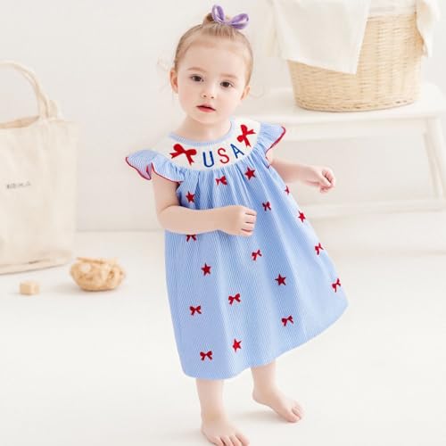 Toddler Baby Girl 4th of July Outfit Smocked Dress USA Strar Romper Striped Dresses Girls Fourth of July Clothes2