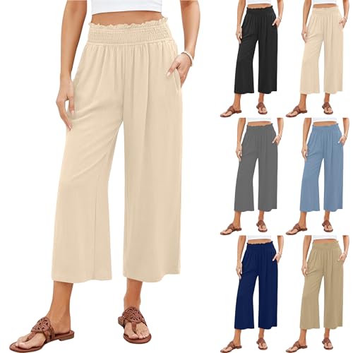 Linen Capri Pants for Women High Waisted Wide Leg Linen Pants Elastic Smock Waist Flowy Palazzo Pant Summer Plus Size Capris Pull On Loose Cropped Boho Beach Pant Casual Trousers with Pockets