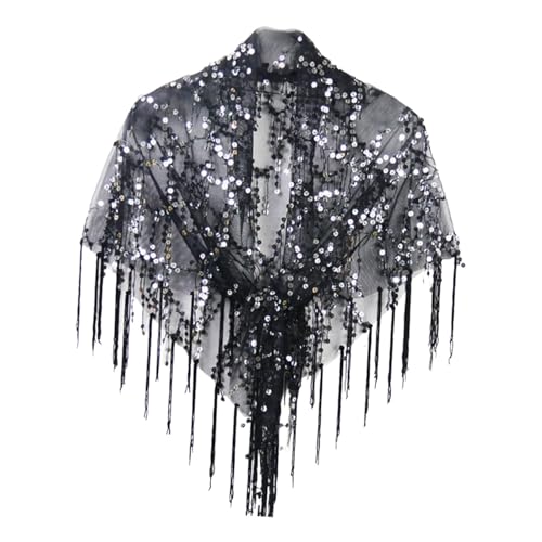 Women's Sequin Shawl Wrap Evening Cape with Tassels 55.91x26.77 inch for Party Dance Wedding Formal Events- Black2