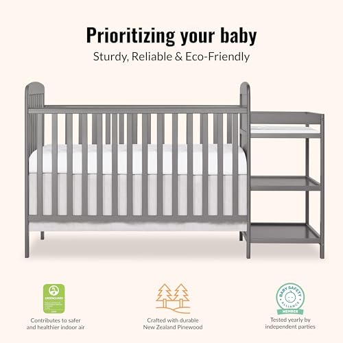 Dream On Me Anna 3-in-1 Convertible Full-Size Baby Crib & Changer with Storage in Steel Grey, GreenGuard Gold & JPMA, Pinewood, Converts to Day & Toddler Bed, 3 Mattress Heights, 1″ Changing Pad