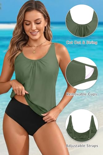 Image of Yonique Women Vintage Chevron 2 Piece Ruched Padded Tankini Set Flyaway Top With Triangle Brief Bottom Bathing Suit