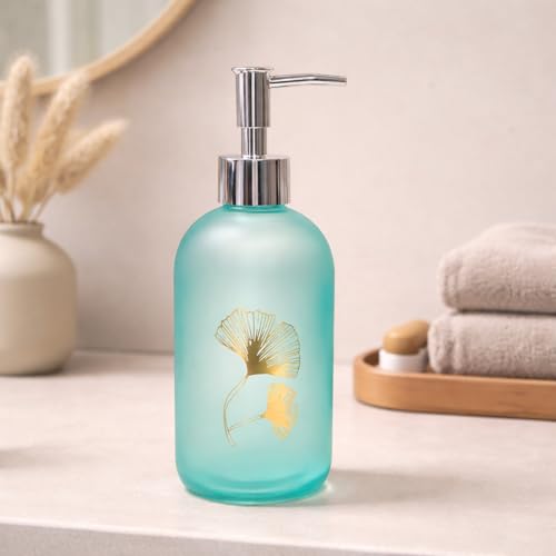Image of Luxe Home International Flower Print Glass Soap Dispenser for Bathroom and Kitchen Sink Leak Proof Liquid Hand Wash Round Bottle Lightweight Smooth Finish (19.5x7.5 cm Sky) Pack of 1