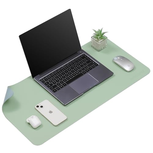 Image of AROPANA Vegan Leather Desk Mat | Large Reversible Mouse Pad & Computer Table Protector | Dual-Side Waterproof Extended Laptop Pad with Edge-Stitched Design (70x35CM, Light Green and Blue)