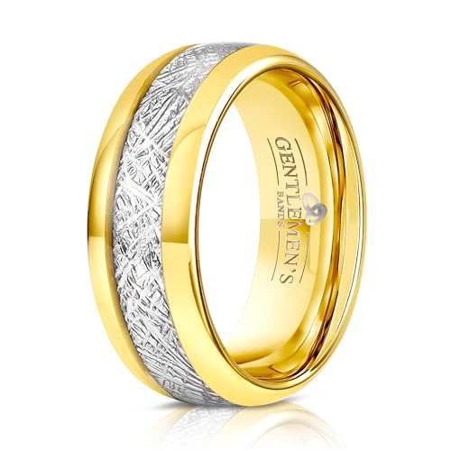 Men's Tungsten Carbide Wedding Band With Meteorite Inlay - Premium Grade Gold Tungsten & Meteorite Wedding Ring - Includes Silicone Band, Leather Drawstring Pouch, & Luxury Walnut Box