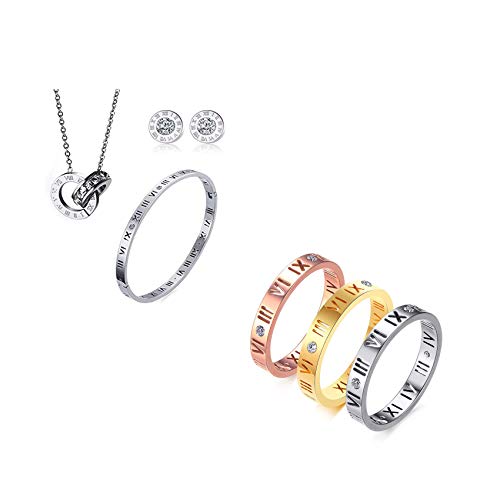 VNOX Stainless Steel Silver Roman Numeral Bangle Bracelet Necklace Stud Earrings Ring Women Grils Jewelry Set