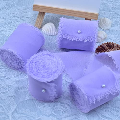 GIAMA Nastro In Chiffon Con Frange Fatte A Mano – 4 Rotoli 4,5 Cm X 5,5 M, Colore Dusty Blue, Per Bouquet E Confezioni Regalo - 4
