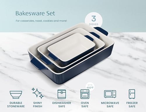 Kook Casserole Dish, Ceramic Baking Dish, Large Lasagna Pan Deep for Oven, 8.5 x 14, 11 x 7, 8 x 5, Set of 3, 92oz, 50oz, 20oz, Baking Pan with Handles, Oven Safe and Durable, Home, Gift, (Navy) - Thumbnail 5