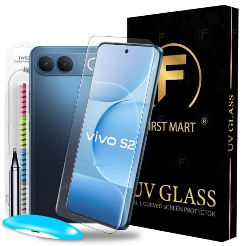 Image of FIRST MART Tempered Glass for Vivo S2 5G With UV Installation Kit | Military-Grade Gorilla Screen Protector and Cable Guard | Edge to Edge Coverage | Crystal Clear