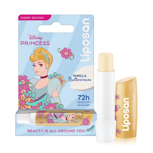 Liposan Bálsamo labial princesa Cenicienta de 4,8 g, color vainilla | Bálsamo labial con manteca de karité, edición Disney, 72 horas de hidratación, brillante, brillo sutil, suaviza los labios