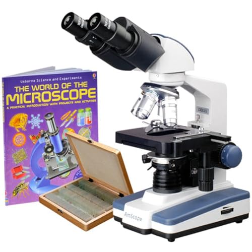 Image of AmScope B120C-WM-PS100 Siedentopf Binocular Compound Microscope, 40X-2500X Magnification, Brightfield, LED Illumination, Abbe Condenser, Double-Layer Mechanical Stage, Includes Book and Set of 100 Prepared Slides