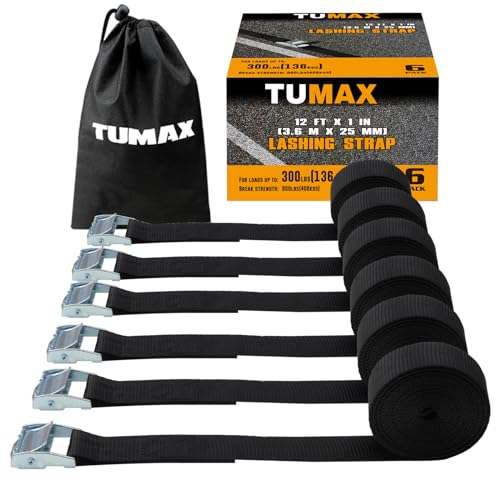 TUMAX 6 Pack Lashing Straps, 1in x 12ft, Kayak Straps up to 900lbs, Cam Buckle Tie Down Strap for Cargo Lashing, with Carrying Bag