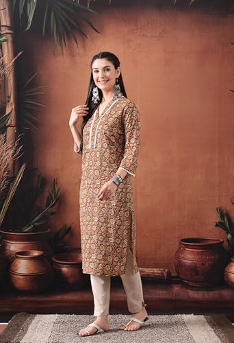 Image of Ichaa Women's Pure Cotton A-Line Ethnic V-Neck Kurta with 3 /4th Sleeve for Daily and Office Wear, in Plus Sizes