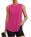 PINSPARK Workout Tank Tops Woman Sleeveless Yoga Tops Quick Dry Athletic Running Top Crew Neck UPF 50+ Tennis Pilates Outfits, Hot Pink XL