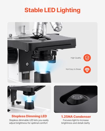 Image of VEVOR Binocular Microscope, 40-5000X Magnification, Professional Compound Microscope for Adult with Dual Stage and Two Sets of Eyepieces, Aluminum Alloy Body, Includes LED Light and Phone Holder