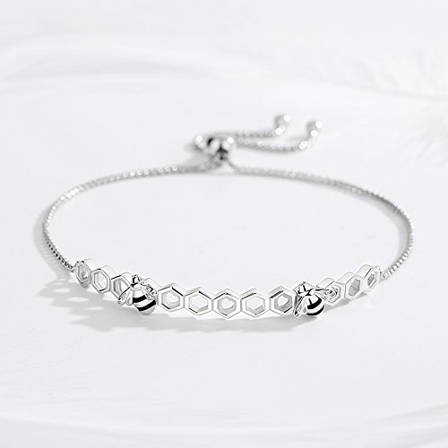Image of Honeycomb Honeybees Bracelet Sterling Silver 925 with Black Enamel Adjustable Bangle Link Chain 10 inch